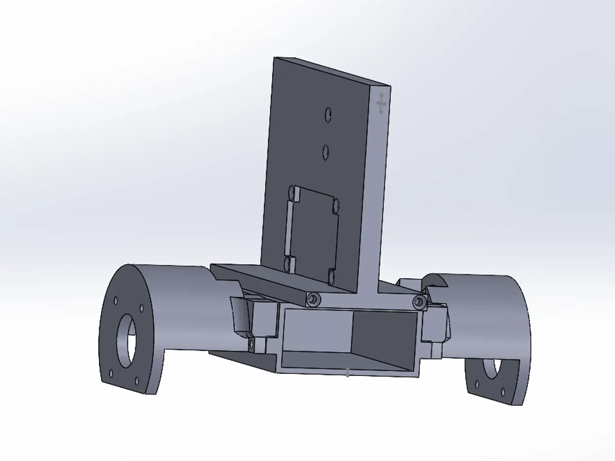 CAD view of Dexter with the helmet off, showing the backplate, the motor mounts and the battery compartment slung below the wheel axle.