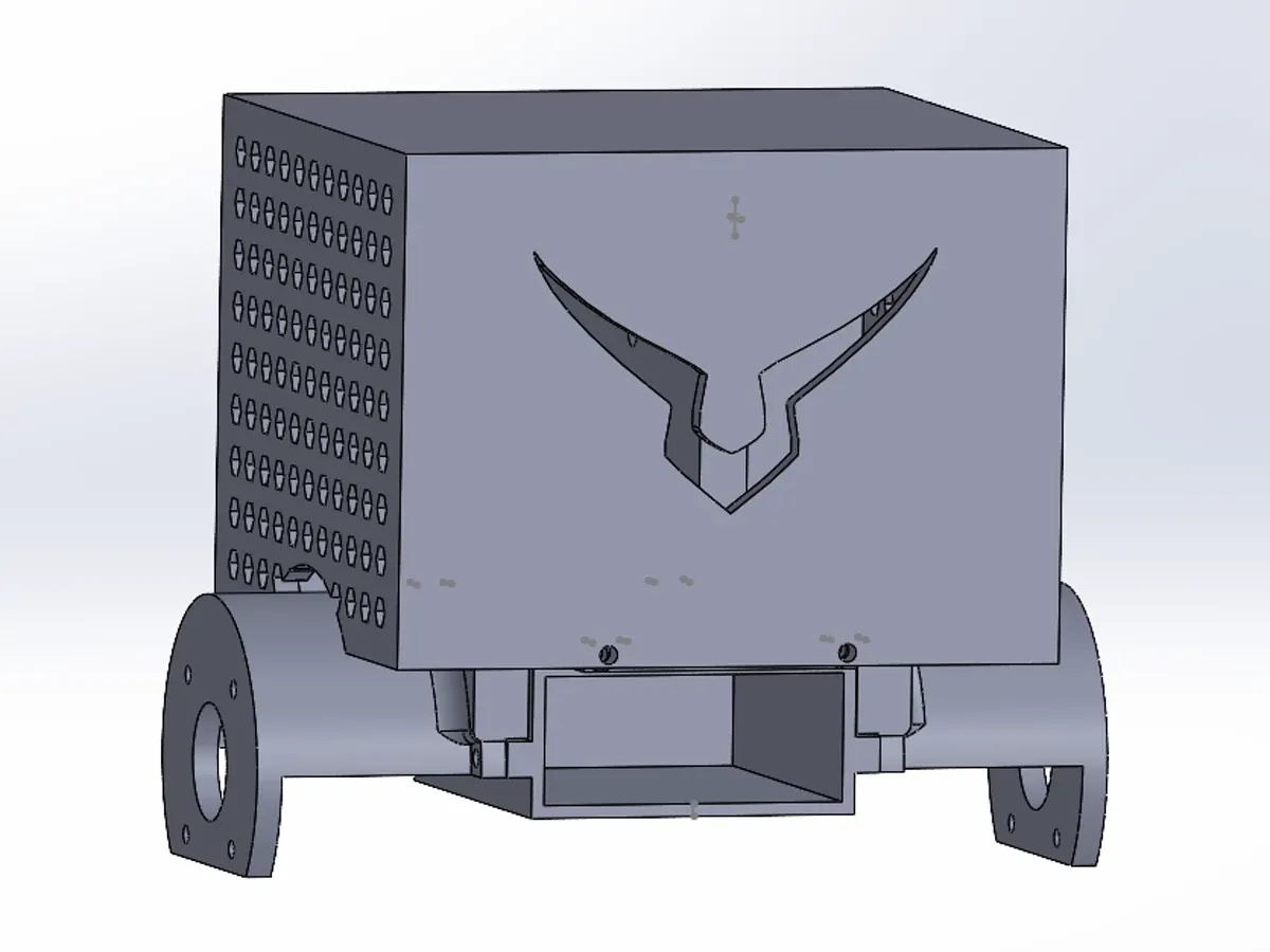 The same CAD model with the helmet fitted, a vented shell closing over the electronics with the logo cut into the face.
