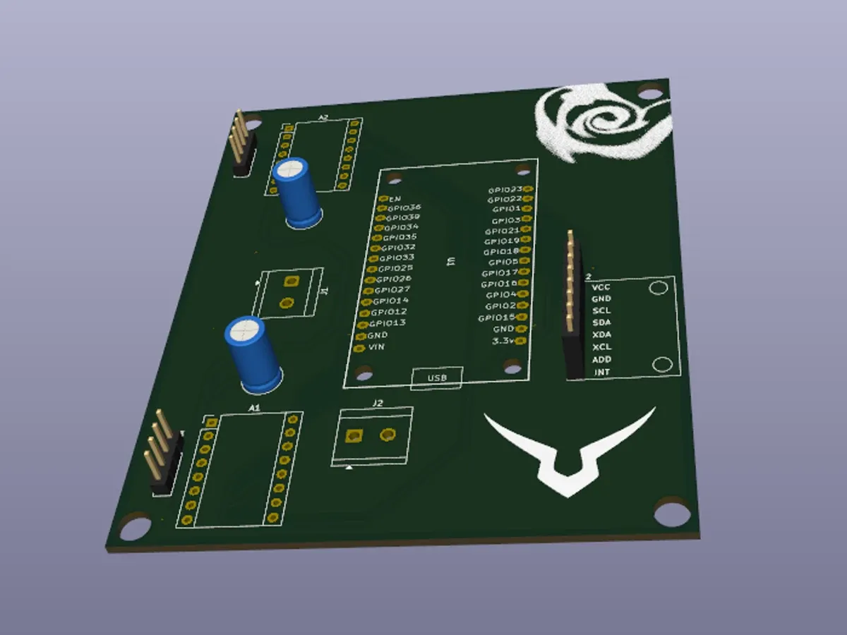 The same board in the KiCad 3D viewer, showing the module footprints, header pins and both capacitors on a bare green board.